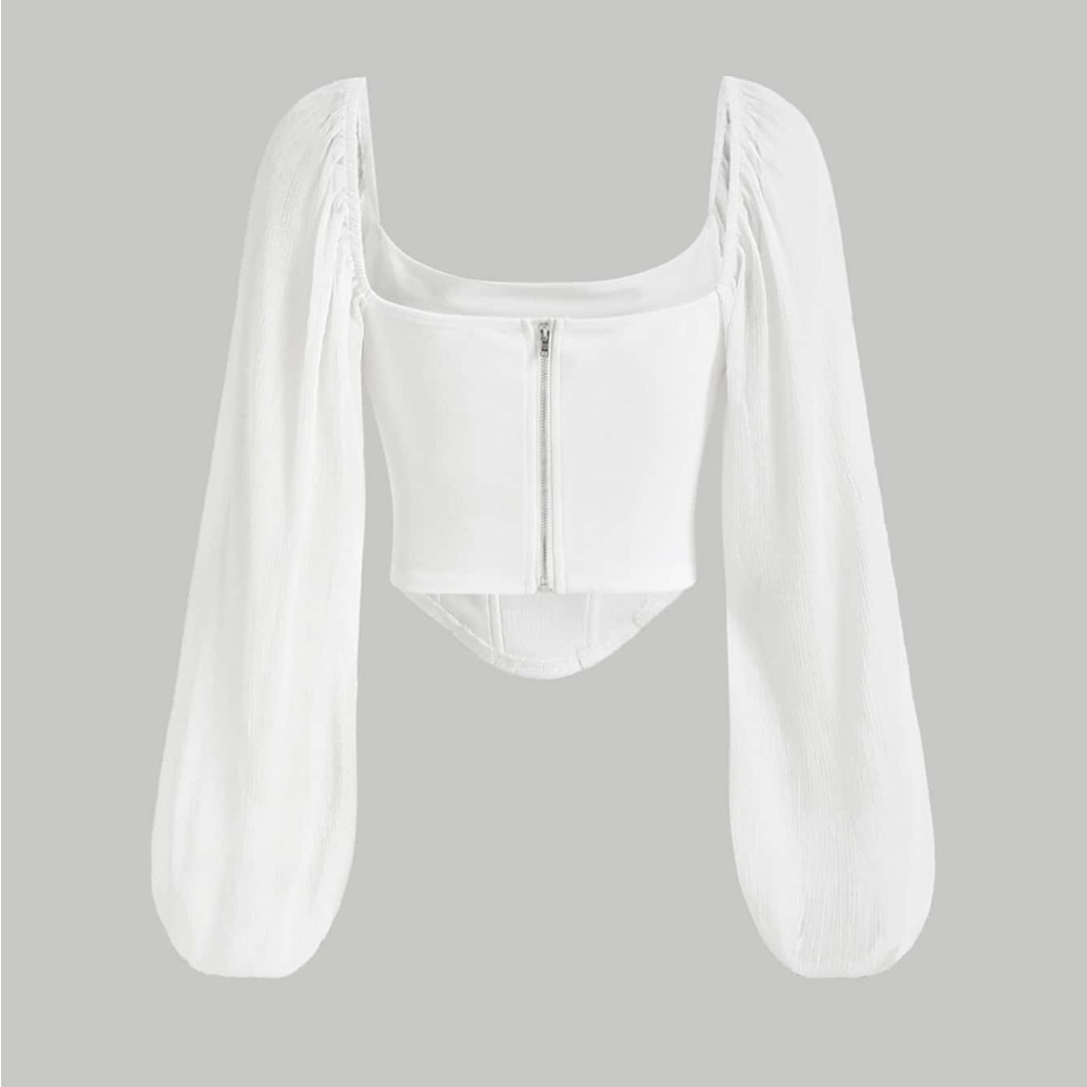 Cowl Neck Corset Chiffon-Like Lantern Sleeve Off Shoulder Top - Picture 2 of 4